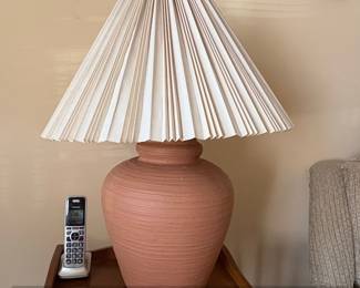 Vintage Terracotta Ribbed Ceramic Table Lamp with Pleated Shade