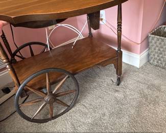 Vintage Wooden Tea Cart with Drop Leaves and Spoked Wheels 