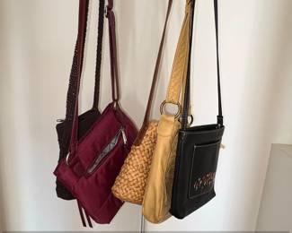 Assorted Womens Handbags Brighton Woven Straw, Burgundy Nylon Crossbody, Black Leather Embroidered, and Dark Brown Crocheted Bag
