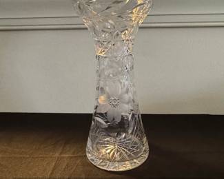 American Brilliant Period Cut Crystal Corset Vase with Floral Etching