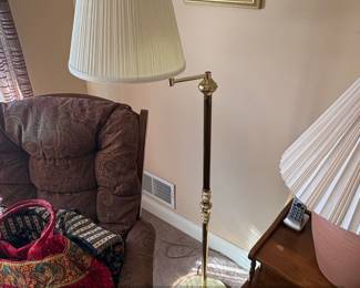 Brass and Wood Floor Lamp with Pleated Shade