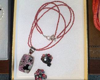 Rhodonite Pendant Necklace and Earrings Set