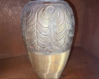 Vintage HandEtched Brass Vase with Floral and Leaf Motif  India