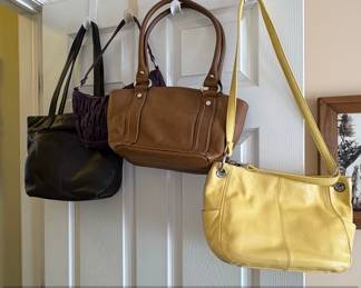 Lot of Four Womens Handbags B. Makowsky Yellow Leather Shoulder Bag, Tignanello Leather Hobo, Brown Pebbled Leather Satchel, and Purple Ruched Clutch