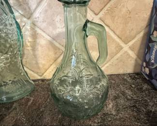 Vintage Green Glass Cruet with Embossed Floral Design