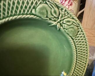 Set of Bordallo Pinheiro Green Majolica Plates with Fruit and Lattice Border