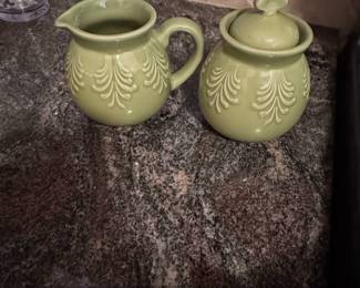 Sage Green Embossed Ceramic Creamer and Sugar Bowl Set Flora Pattern