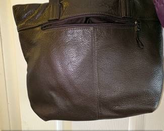 Lot of Four Womens Handbags B. Makowsky Yellow Leather Shoulder Bag, Tignanello Leather Hobo, Brown Pebbled Leather Satchel, and Purple Ruched Clutch fifth image