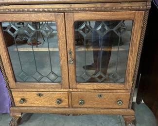 F36. Oak Secretary Desk-Drop Front-2 Glass Doors-2 Drawers		32” x 14” x 68”