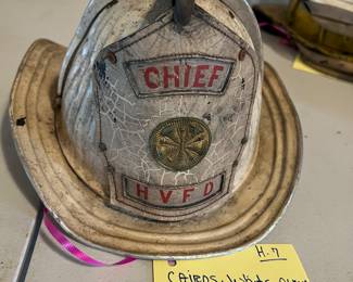 7. Cairns - White - “Chief  HVFD”- Size Unknown - Cushion Lining - Helmet Shroud