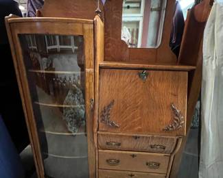 F 9. Oak Side by Side-Drop Front Secretary Desk-4 Shelves  40” x 14” x 68”