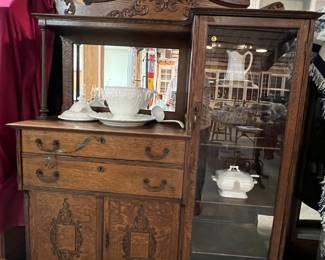 F37. Oak Side by Side w/Mirror-2 Drawers-2 Doors-Key-4 Shelves	48” x 17.5” x 68”