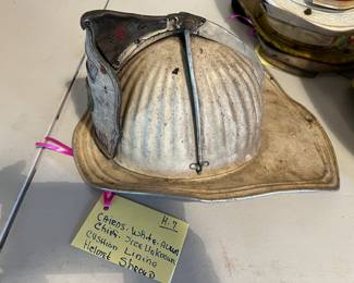 7. Cairns - White - “Chief  HVFD”- Size Unknown - Cushion Lining - Helmet Shroud