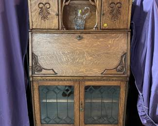 F36. Oak Secretary Desk-Drop Front-2 Glass Doors-2 Drawers		32” x 14” x 68”