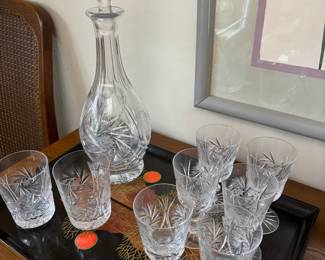 Pinwheel Star Pattern Crystal Decanter, 6 Sherry Glasses, 2 Old Fashioned Glasses