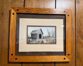 Framed & Matted Ink & Watercolor Barn Scene Painting
