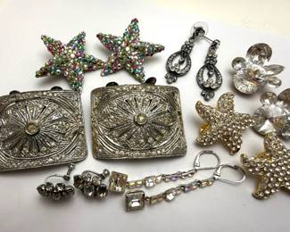 Art Deco Style Silver Tone Shoe Buckles with Rhinestones, Assortment of Earrings 
