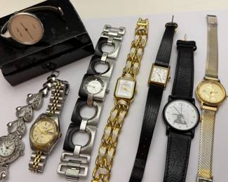 Philippe Pechard Ladies Silver Tone Cuff Bracelet Watch, Fossil Ladies Stainless Steel Rectangle Wrist Watch, Joan Rivers Classic Collection Wrist Watch with Gold Tone & Leather Woven Band, Seiko Slim Tank Ladies Black Leather Wrist Watch, Relative Time Albert Einstein Novelty Watch, Lorus Walt Disney Mickey Mouse Gold Tone Watch 