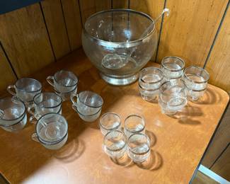 MCM Silver Band Punch Bowl & Glasses