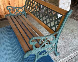 Green Wrought Iron & Wood Outdoor Garden Bench