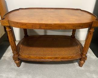 Edwardian Style Burl Walnut Side Table with Cane Lower Shelf