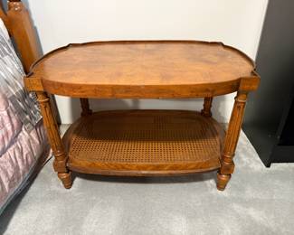 Edwardian Style Burl Walnut Side Table with Cane Lower Shelf