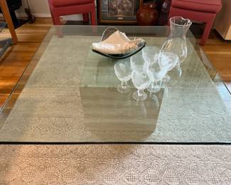 Mid Century Square Glass Top Coffee Table with Travertine Cube Base