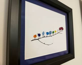 Framed Sea Glass Rainbow Birds on Branch Artwork
