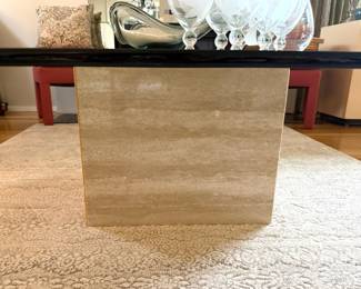Mid Century Square Glass Top Coffee Table with Travertine Cube Base