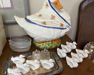 Italian Majolica Pottery Mother Goose Tureen, White Ceramic Duck Napkin Rings