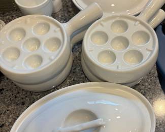 Apilco France White Porcelain Covered Casserole Dishes, Set of 4 Escargot Plates