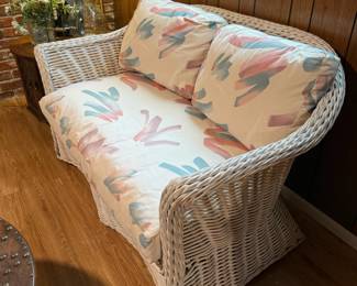 White Wicker Loveseat with 1990s Abstract Design Cushions