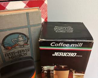 1930 Fruit and Flower Mission Cook Book, GoodCook Handheld Spiralizer Set, Jericho America Coffee Mill