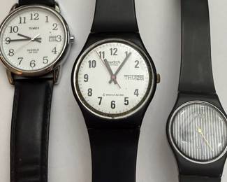 Timex Easy Reader Men's Watch with Black Leather Band, 1985 Swatch Men's Black Watch, 1985 Swatch Women's Pinstripe Watch