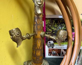 Egyptian Revival Figural Wood Column with Brass Pharaoh Heads