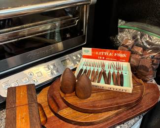 Inlayed Wood Cube Salt & Pepper Shakers, Wood Serving Trays, Little Forks Cocktail Forks