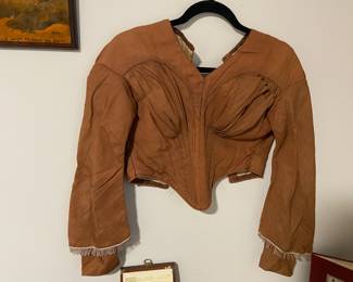 Brown Edwardian-Inspired Corseted Bodice with Draped Bust and Long Sleeves