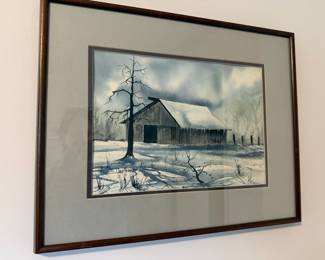 1977 Framed & Matted Snowy Barn Landscape Watercolor Painting by Chris Anderson