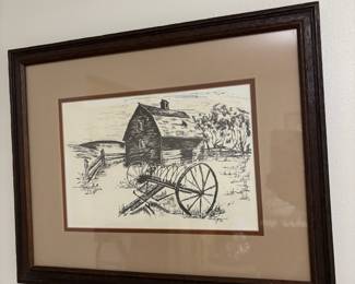 Framed & Matted Farm Scene Ink Drawing by Vicki Ryanich
