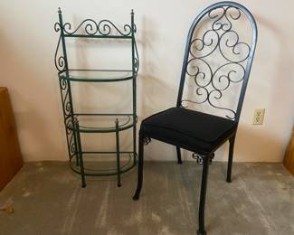 Black Meta Scroll Back Accent Chair, Black Wrought Iron Baker's Rack with Glass Shelves
