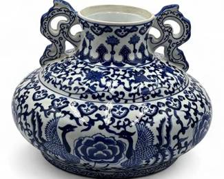 Bombay Blue & White Porcelain Double Handle Vase Phoenix Peony