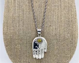 Sterling Silver Hamsa Hand Amulet Pendant with a Twisted Rope Chain