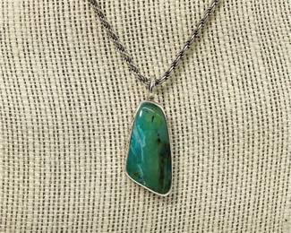 Sterling Silver Twisted Rope Chain with Polished Blue-Green Stone Pendant