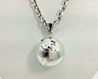Vintage Sterling Silver World Chime Ball Pendant and Heavy Link Chain