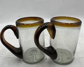 Pair Of Handblown Mexican Beer Glasses With Amber Rims And Handles