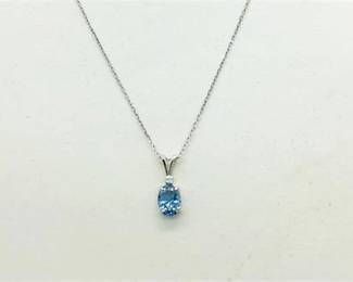14K White Gold Oval Baby Blue Spinnel & Diamond Pendant Necklace