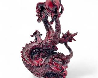 Carved Red Resin Chinese Dragon Figurine with Pearl