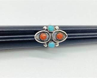 Vintage Native American Style Silver Turquoise and Coral Ring