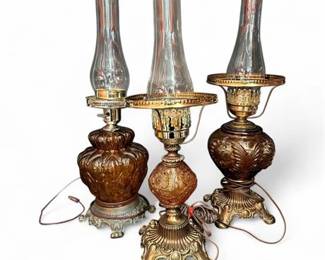 Set of 3 Electric Vintage Amber Glass Oil Lamps