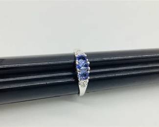 10K White Gold Ring with Three Oval Blue Stones & Two Diamonds